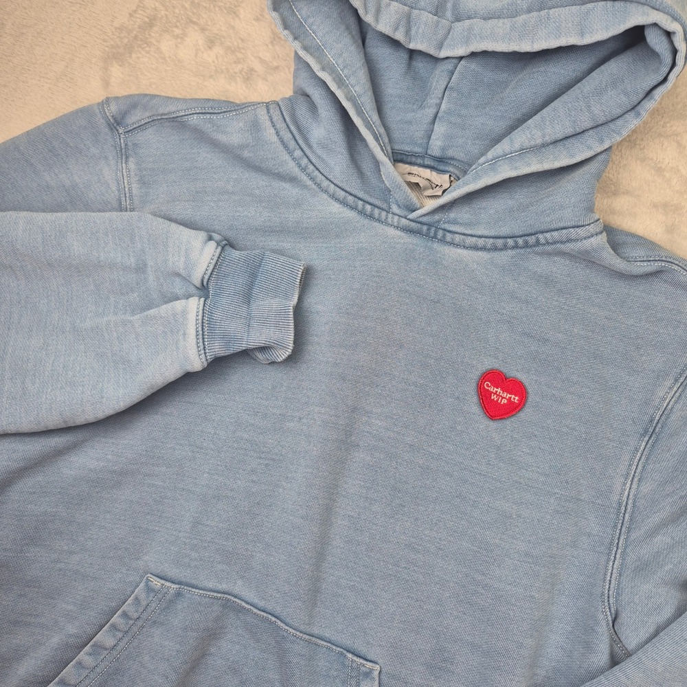 Carhartt WIP Heart Patch Hoodie Light Blue Stone Wash Sweatshirt Unisex Women XS